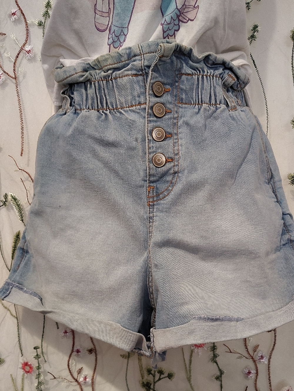 No Boundaries Light Blue High-Waist Paperbag Denim Shorts with Button Front